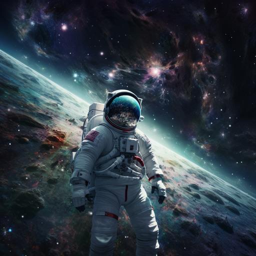 A photo realistic empty space with an expanse of stars, galaxies, and nebulae stretching as far as the eye can see. Amidst this celestial canvas, a lost astronaut floats, his white spacesuit contrasting with the deep colors of space. The reflection of the vast universe can be seen in his visor, symbolizing the vastness and mystery of space. The loneliness of the astronaut is palpable, representing mankind's small existence in the grand cosmos, Photo taken by Diane Arbus with Canon EOS-1D X Mark III with a 24mm lens, Award Winning Photography style, Ambient space illumination, 8K, Ultra-HD, Super-Resolution. --v 5.0