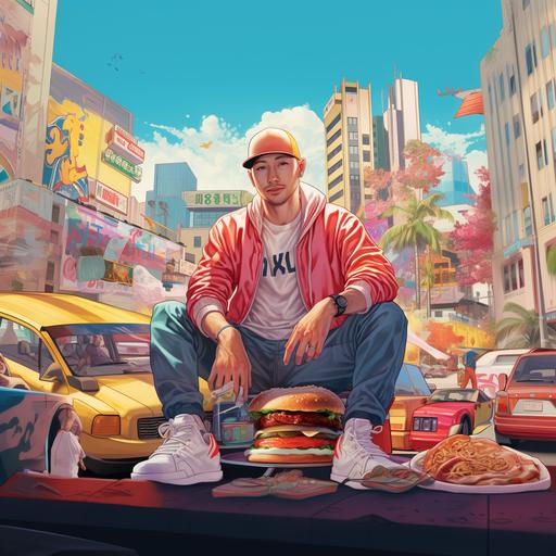 bald light-skinned guy with blue eyes in his 30s wearing a los angeles baseball cap; with lots of big burgers; comic book pop art; wearing colorful clothes and ultraboost sneakers; japanese city in background