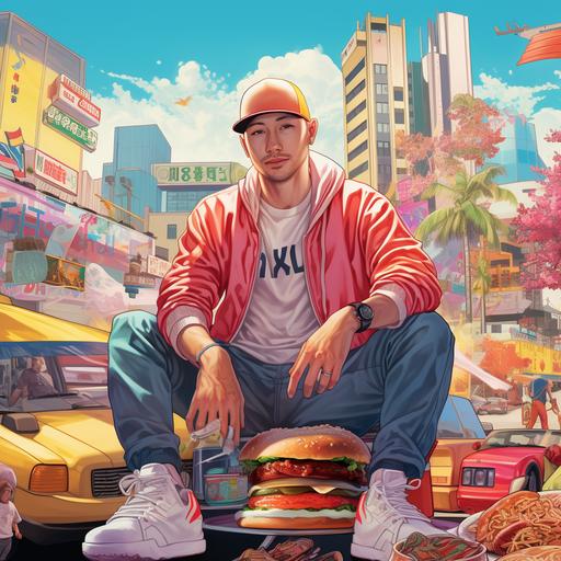 bald light-skinned guy with blue eyes in his 30s wearing a los angeles baseball cap; with lots of big burgers; comic book pop art; wearing colorful clothes and ultraboost sneakers; japanese city in background