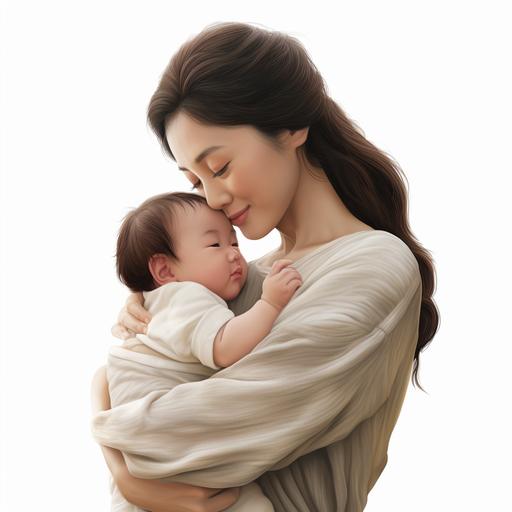 New korean mom hugging a baby, excessive hair shedding, look stressed, home white background, photo realistic, smooth render, 4k
