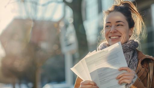 photo of a smiling 35 year old woman, pressing a pile of paper invoice against her chest. The photo is stunning 8K footage shot through a 35mm lens, sharp focus. The picture is taken from the waist up. The photo is taken outside on a sunny spring day and the woman is standing on the right side of the picture. --ar 7:4