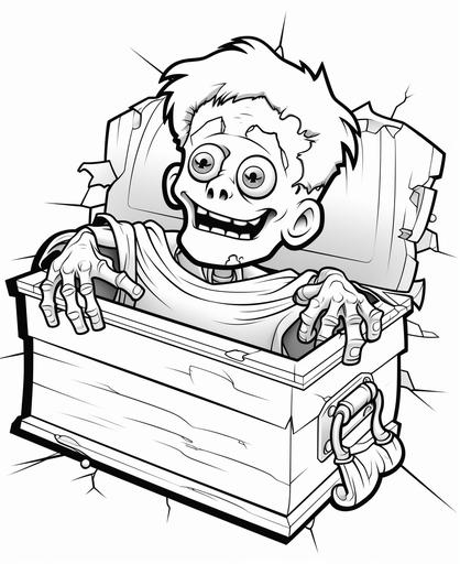 coloring page for children, a cute Frankenstein's Monster laying in the coffin, cartoon style, thick line, low detail, no shading, black and white --ar 9:11