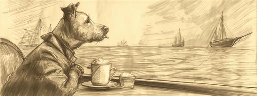 pencil sketch, 1940, dog in a suite, drinking coffee, by the ocean, schooners in background --ar 8:3 --v 6.0