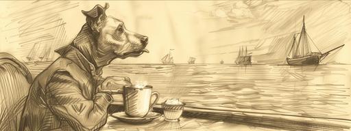 pencil sketch, 1940, dog in a suite, drinking coffee, by the ocean, schooners in background --ar 8:3 --v 6.0