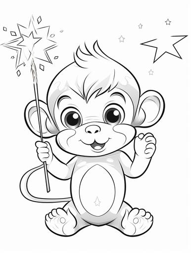 cute baby monkey with holding a sparkler, simple line drawing for kid's coloring book, no shading, --ar 3:4