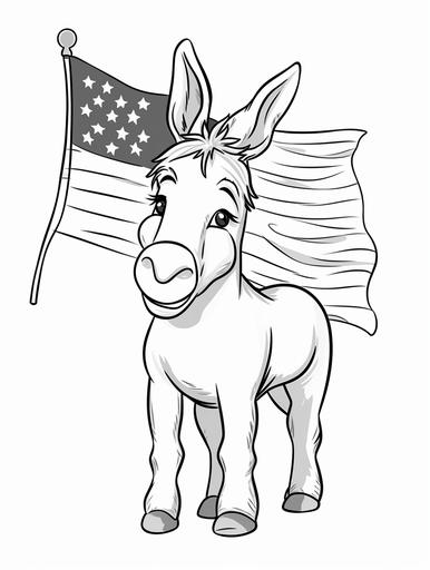 cute cartoon donkey with holding an american flag, simple line drawing for kid's coloring book, no shading, --ar 3:4
