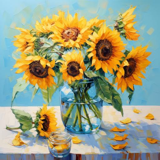 - impressionistic painting of a bunch of sunflowers in a glass vase. The vase stands on a wooden table on a light blue tablecloth. the background is light blue. bees fly around the sunflowers