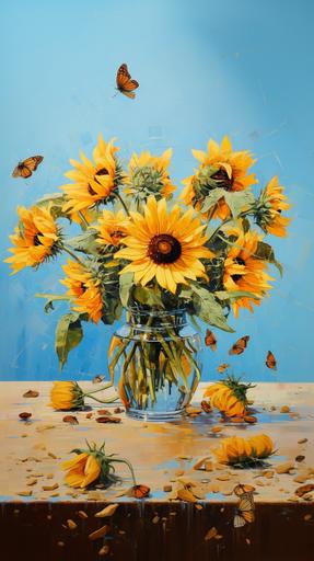 ipressionistic painting of a bunch of sunflowers in a glass vase. The vase stands on a wooden table on a light blue tablecloth. the background is light blue. bees fly around the sunflowers --ar 9:16