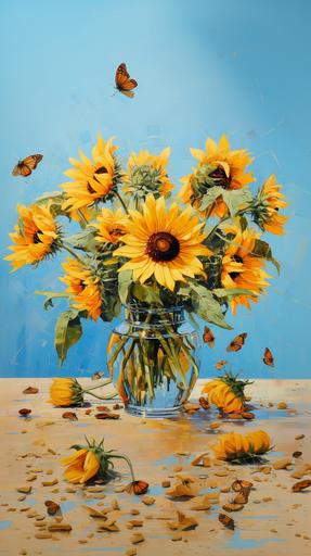 ipressionistic painting of a bunch of sunflowers in a glass vase. The vase stands on a wooden table on a light blue tablecloth. the background is light blue. bees fly around the sunflowers --ar 9:16