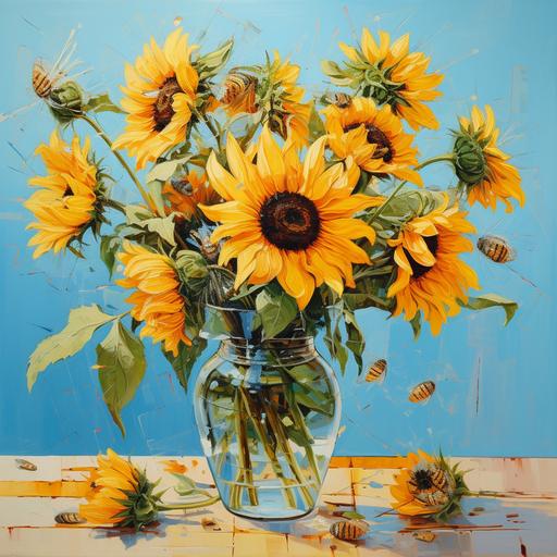 mpressionistic painting of a bunch of sunflowers in a glass vase. The vase stands on a wooden table on a light blue tablecloth. the background is light blue. bees fly around the sunflowers