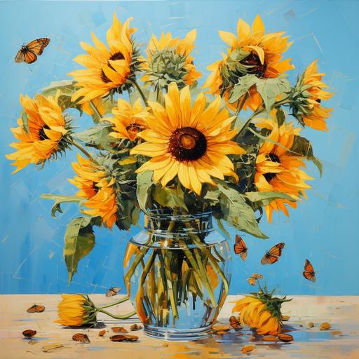 mpressionistic painting of a bunch of sunflowers in a glass vase. The vase stands on a wooden table on a light blue tablecloth. the background is light blue. bees fly around the sunflowers