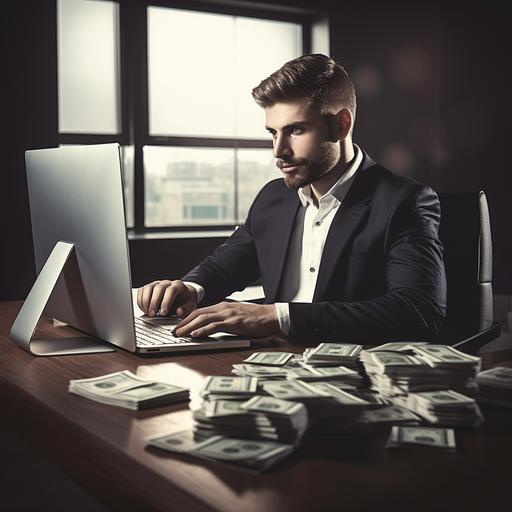 professional man sitting at an office desk. Looking at a computer. Using the computer to work. There is a stack of 100 dollar bills next to him.
