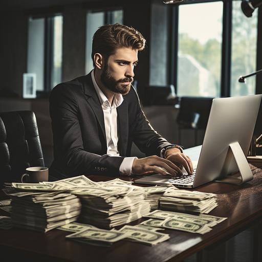 professional man sitting at an office desk. Looking at a computer. Using the computer to work. There is a stack of 100 dollar bills next to him.