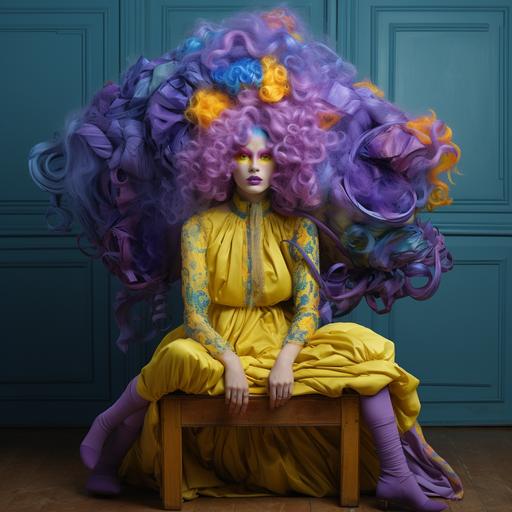 huge bizarre extravagant violet purple yellow blue dress, inside box, tim walker style, no hand no leg visible, only head of woman extravagant props, purple lamp, wig covers face, no window, big space, no wood, patchwork painted, minimalistic, upside down, extravagant, pop art colours
