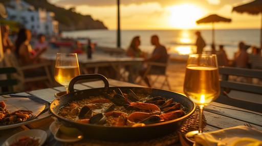 spain, restaurant, beach, outside table, paella, with out pepole, bouillabaisse soup, seafood soup, old town, sun set, wine, Sony FE 85mm f/1.4 GM Lens --ar 16:9 --v 6.0 --style raw