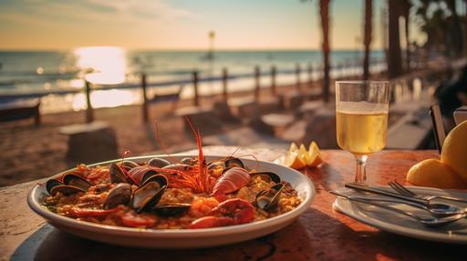 spain, restaurant, beach, outside table, paella, with out pepole, seafood tomato soup, old town, --ar 16:9