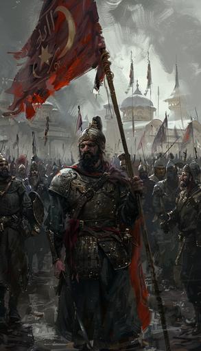 the knights of the ottoman pc art wallpaper, in the style of aykut aydogdu, dark gray, sung kim, painted illustrations, confucian ideology, 32k uhd, detailed crowd scenes --ar 73:128