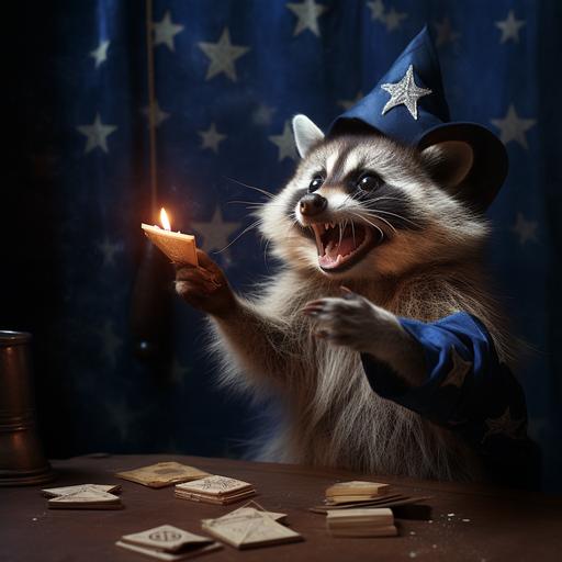 realistic 35mm photograph of a happy raccoon playing with dreidel on Hanukkah