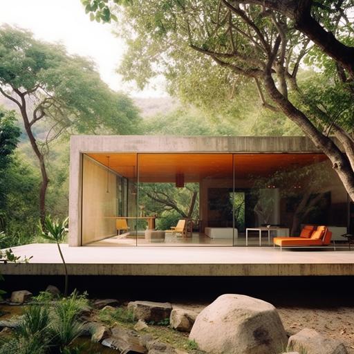 in Tepoztlan, Mexico. build a 1 story house within a 20 x 20 meter' plan in the style of John Pawson and Luis Barragan
