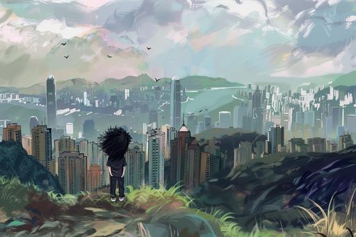 Illustration of the back of a full body small human character with black wavy hair, his body expressions is calm, hands on pockets, he is standing in a hill looking at a skyline of the modern buildings in Hong Kong City, some birds in the sky. Little Prince drawing style and color palette. Wide angle scene. --ar 3:2