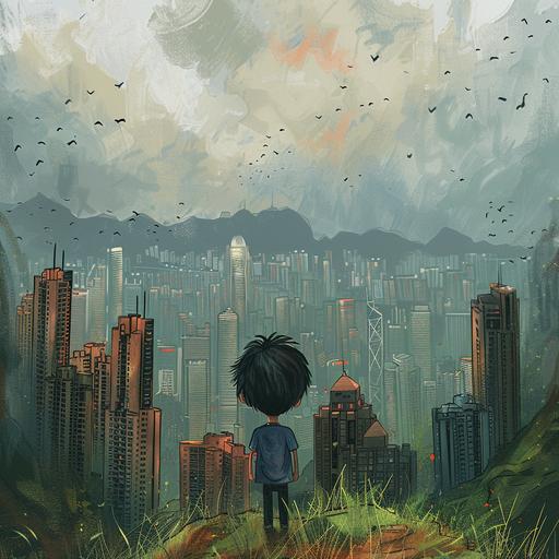 Illustration of the back of a full body small human character with black hair, his body expressions is calm, he is standing in a hill looking at a skyline of the modern buildings in Hong Kong City, some birds in the sky. Little Prince drawing style and color palette. Wide angle scene.