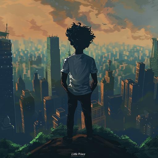 Illustration of the back of a full body small human character with black hair, his body expressions is calm, he is standing in a hill looking at a skyline of a big modern city. 