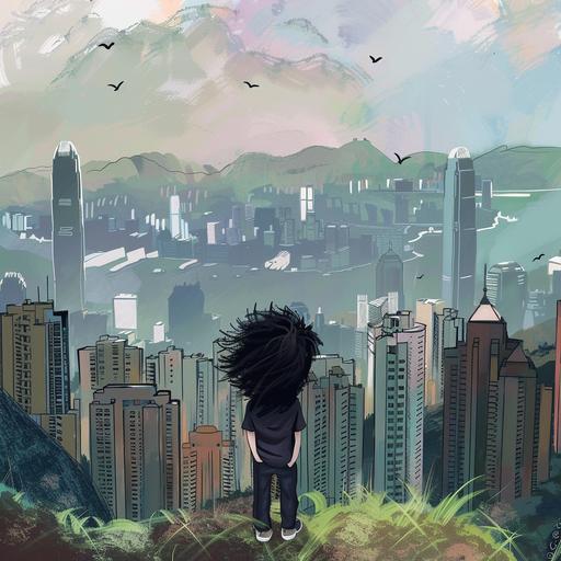 Illustration of the back of a full body small human character with black wavy hair, his body expressions is calm, hands on pockets, he is standing in a hill looking at a skyline of the modern buildings in Hong Kong City, some birds in the sky. Little Prince drawing style and color palette. Wide angle scene.