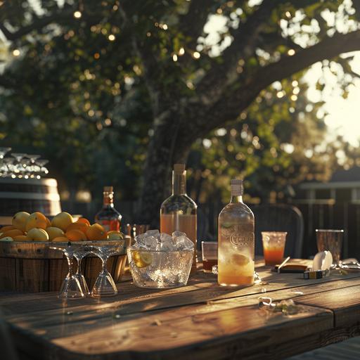 wood table in a bbq scene outdoor, with 3 glass-barrels full of agua fresca flavors, ice buket, plastic glasses, glass tequila bottles, memorial day, day light, hiper realistic, cinematic, wide angle photography, l ifestyle