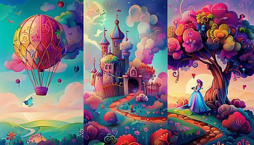 3 colorfull paintings, hot air balloon, princess and a castle, for a girls room, bright colors, art, detailed, painting --v 6.0 --ar 7:4