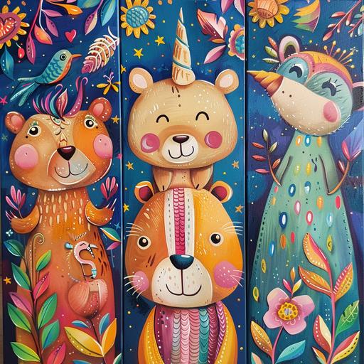 3 colorfull paintings, of animals, bear, unicorn, bird, for a girls room --v 6.0