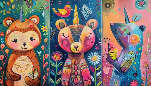 3 colorfull paintings, of animals, bear, unicorn, bird, for a girls room --ar 7:4 --v 6.0