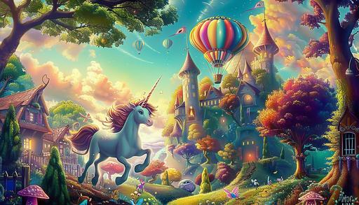 a magical fairy world, with lots of bright colors, a hot air balloon in the sky, a unicorn running around, cute animals, tiny castle, trees, art, detailed, painting --ar 7:4 --v 6.0