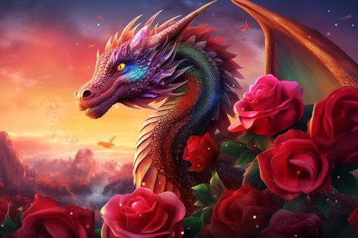 beautiful coloured sweet resting dragon with wings, small fairy in the sky, rainbow, large pearl, diamonds, sparkles, magical sunset on earth in background, stars, red roses, 4k, hyper realistic v 4 --ar 3:2
