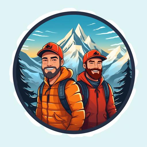 logo, 2 young mens with hot face emoji, cartoon style, funny, mountain background, winter season, sport, modern