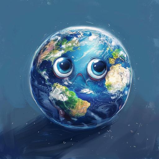 a draw minimalist style, of the planet earth, with big eyes crying, with sad mouth