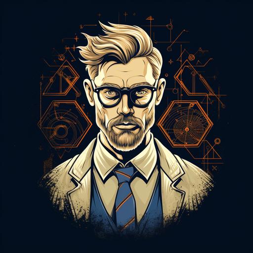 logo teacher psychology shaved, glasses, blond, man, informal cloth tshirt