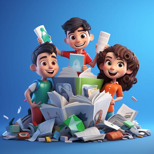 gang of teenage friends in school recycling. 3d cartoon pixar. minimal background