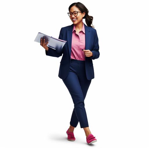 ultra realistic professional asian woman on white background in dark blue suit jacket and dark blue suit trousers and wearing a pink shirt, she is smiling while walking fast energetically leaning to the side, holding a clipboard in her right hand, her left hand is holding a pen and pointing to the clipboard, she has red rimmed glasses and black high heels, you can see her legs and feet