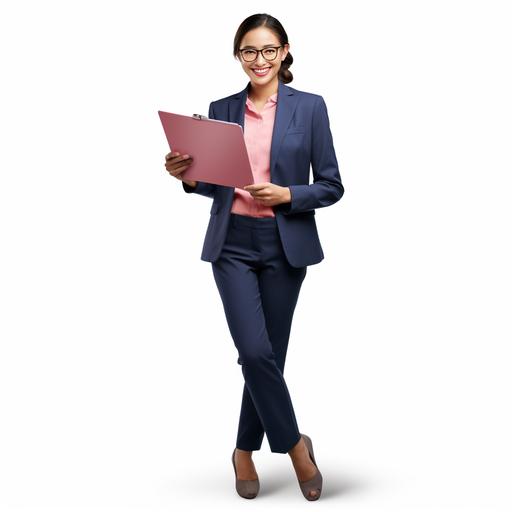 ultra realistic professional asian woman on white background in dark blue suit jacket and dark blue suit trousers and wearing a pink shirt, she is smiling standing energetically on tiptoes leaning to the side, holding a clipboard in her right hand, her left hand is holding a pen and pointing to the clipboard, she has red rimmed glasses and black high heels, you can see her legs and feet