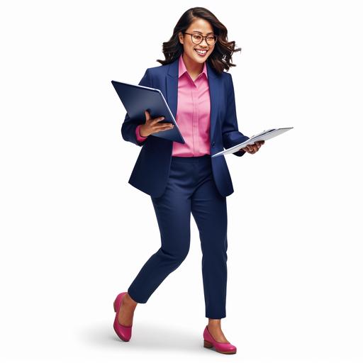 ultra realistic professional asian woman on white background in dark blue suit jacket and dark blue suit trousers and wearing a pink shirt, she is smiling while walking fast energetically leaning to the side, holding a clipboard in her right hand, her left hand is holding a pen and pointing to the clipboard, she has red rimmed glasses and black high heels, you can see her legs and feet
