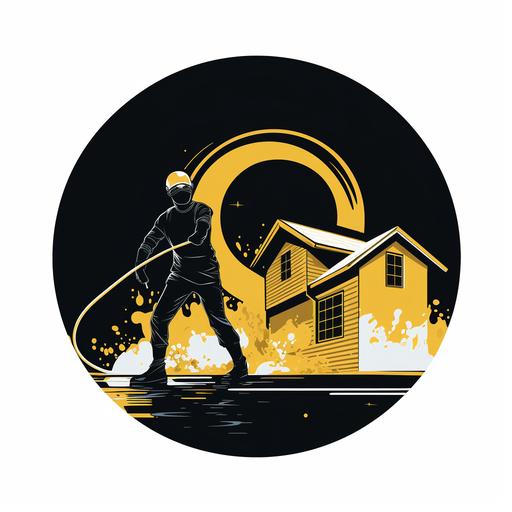 a house painting and pressure washing bussiness logo, ' Q's painting and powerwash' , with a roof and guy painting on the side and another guy pressure washing the house, minimalist, simple, black, gold