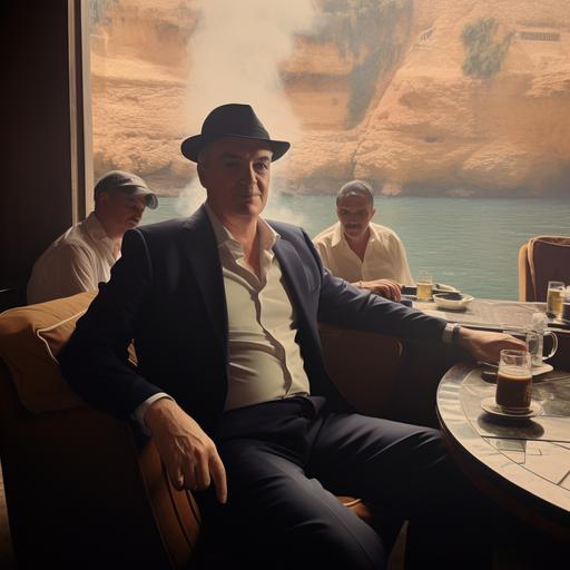 smoking a cigar at a meeting with members of the mafia dressed in a suit