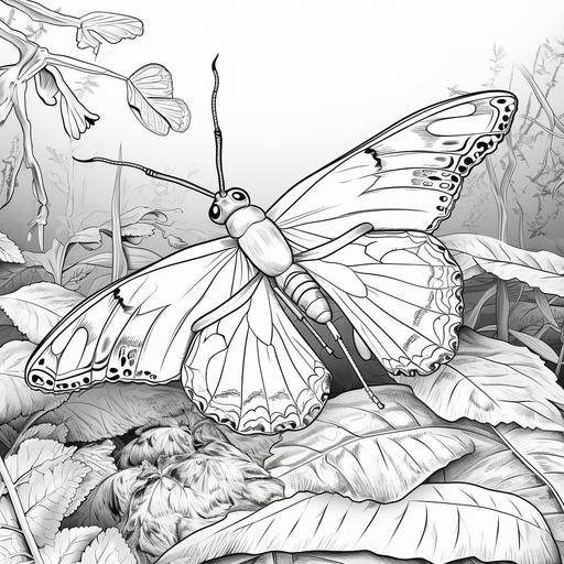 Colouring page for kids, insects in jungle, Cartoon Style, thick lines, low detail, no shading ar 9:11