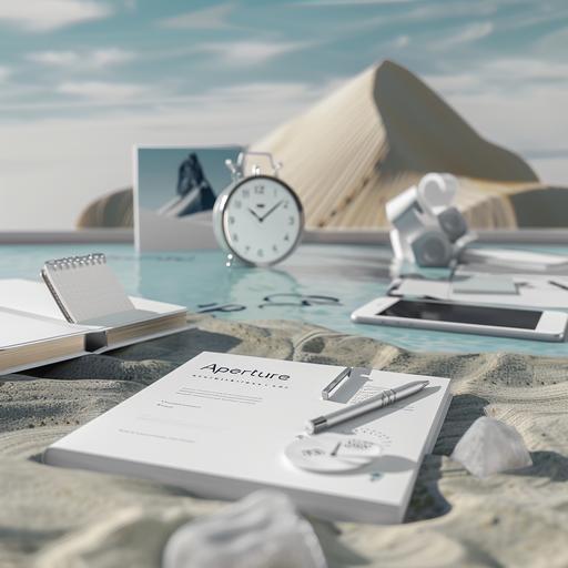 Generate 3D grahic design stationary mockups, pen, book,phone, paper file, clock only for a digital agency, background is a pool of sand and blurred sky from a mountain distance, the mockups are written 