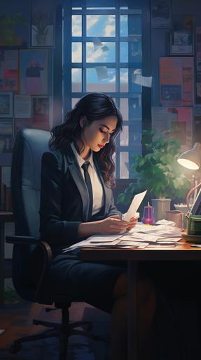 An adult woman in a neatly decorated office is wearing a suit, typing on a computer, --ar 9:16
