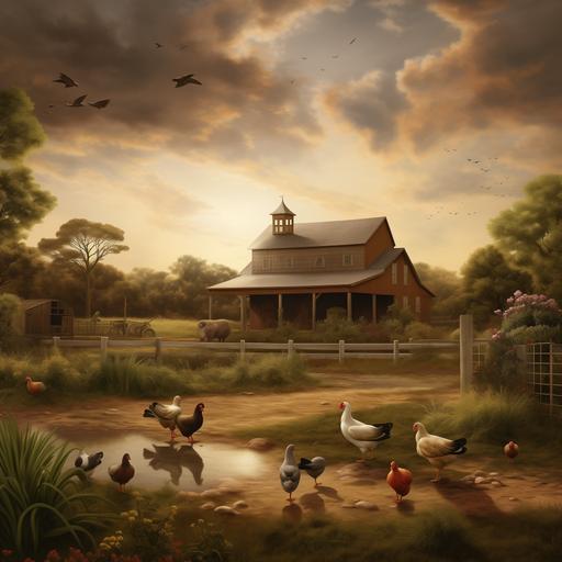 a farm with animals and barns in the style of Martin Johnson Heade