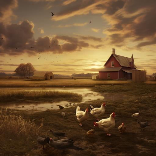 a farm with animals and barns in the style of Martin Johnson Heade