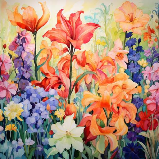 a watercolor mosaic of colorful flowers blending seamlessly into a vibrant garden
