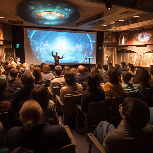cartoon style big room with lecturer showing presentation about Stargate SG-1 on projector with many dozens of fans in Stargate SG-1 and Stargate Atlantis cosplays