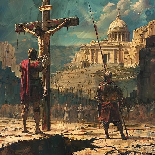 Jesus on the cross with Centurion standing nearby with a spear and the temple in the backdrop below with a crack in the earths crust leading up to the temple